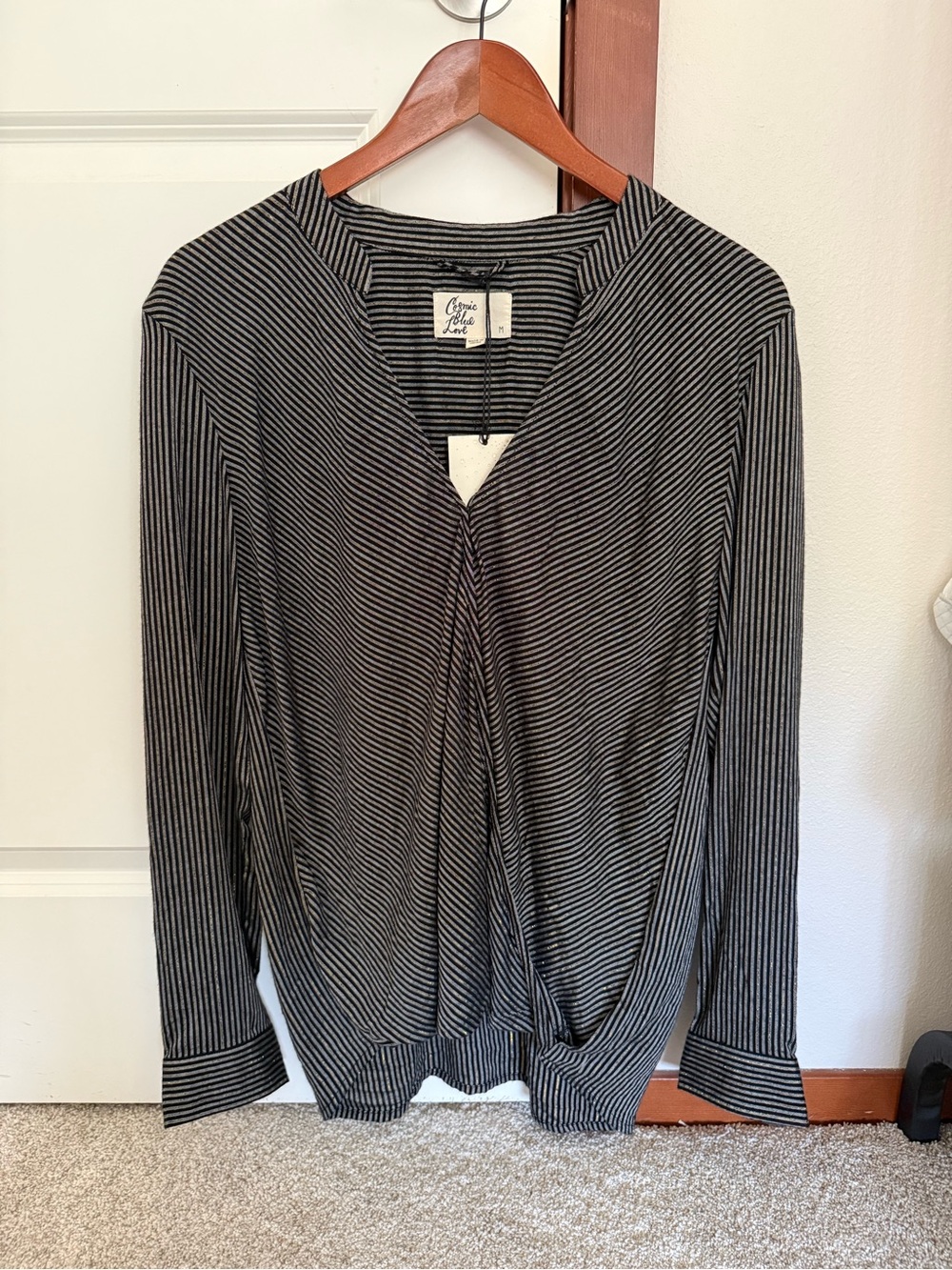 Cosmic Blue Love Striped Long Sleeve Blouse in Black & Gold Size Medium NWT